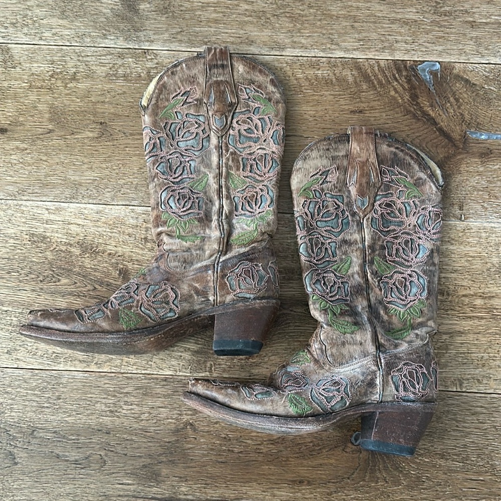 CORRAL Womens 6.5 M Rose Cowboy Boots Inlay Embroidered TAN Snip Toe